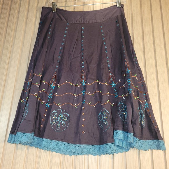 Twenty One Dresses & Skirts - Twenty One Purple Cotton Embroidered Boho Midi Skirt Teal Lace Trim Medium
